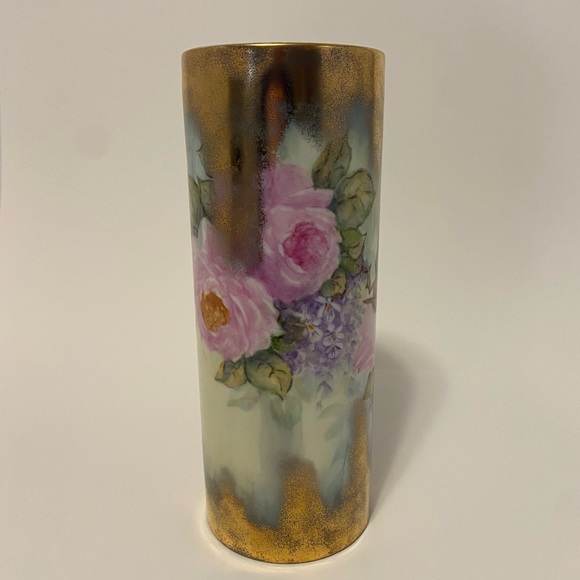 Gorgeous Hand Painted Cylinder Vase Pink Roses - Picture 1 of 12